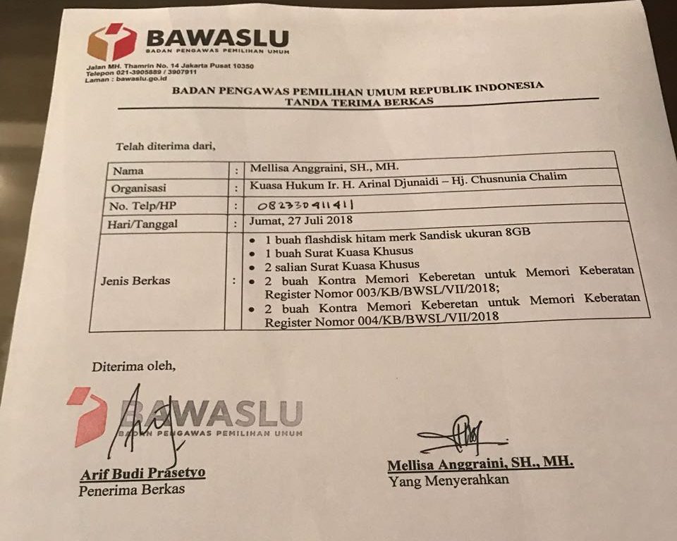 Kuasa Hukum Arinal – Nunik Serahkan Kontra Memori Keberatan ke Bawaslu RI