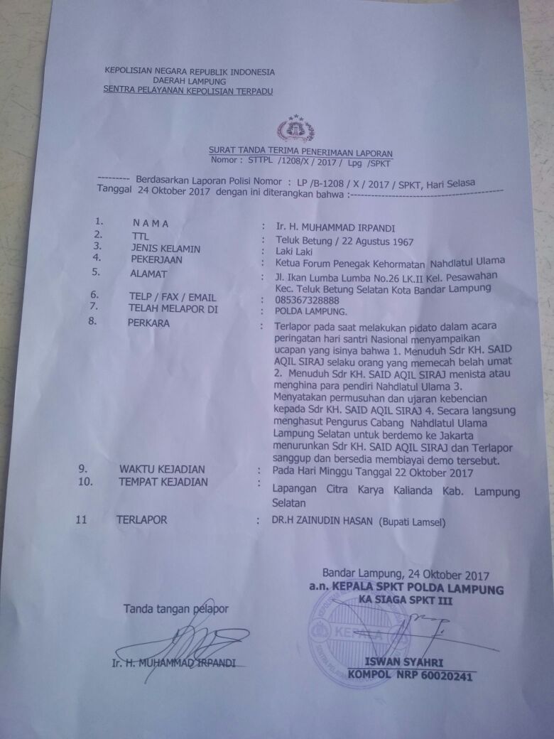 NU Resmi Laporkan Zainudin Hasan Ke Polda Lampung
