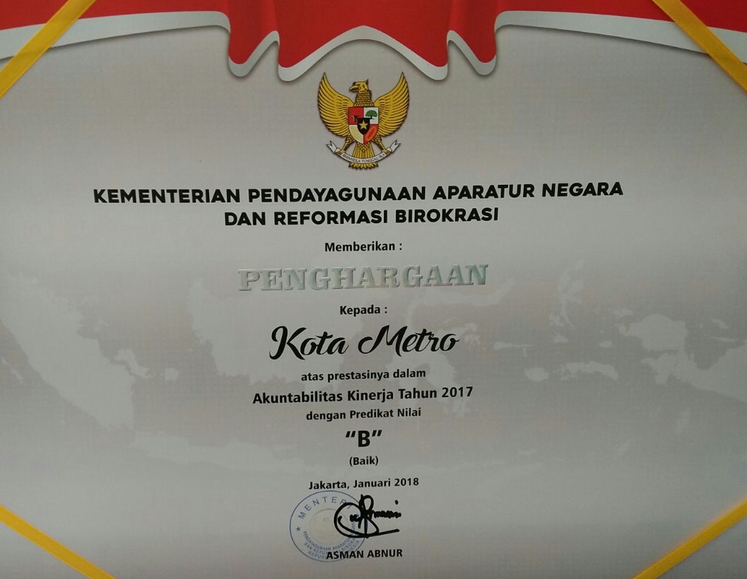 Kota Metro Raih Penghargaan Atas Akuntabilitas Kinerja 2017