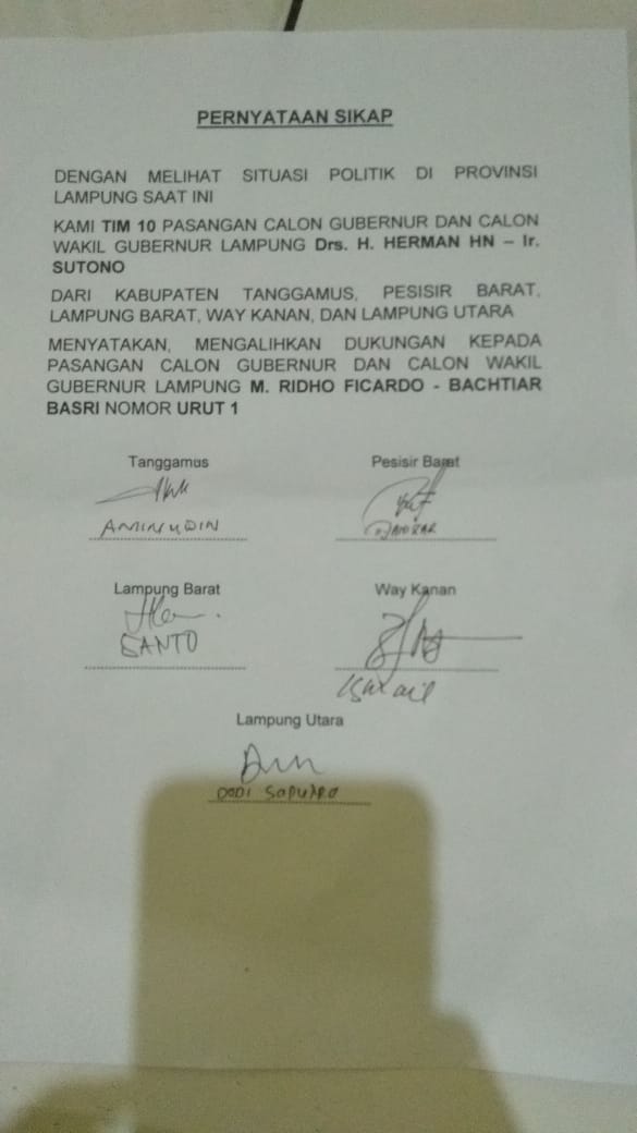 Tim 10 Herman – Sutono Lima Kabupaten Alihkan Dukungan Ke Ridho – Bakhtiar