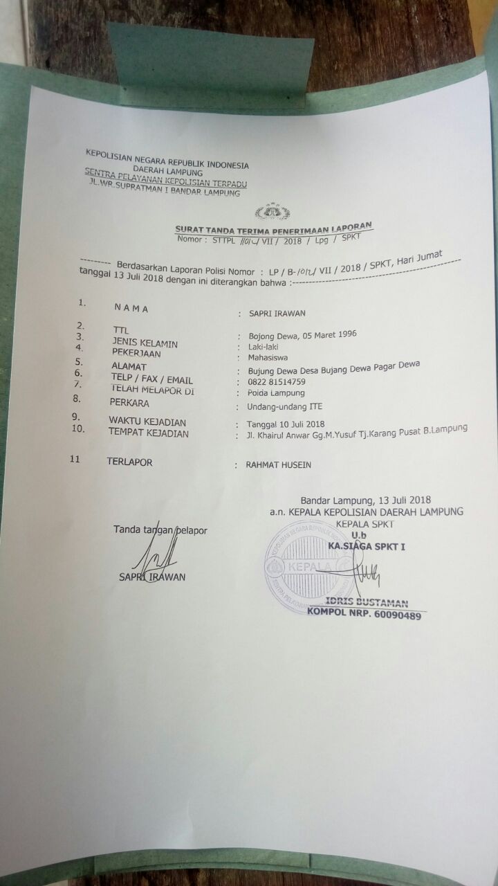 Kader PMII Laporkan Rakhmat Husein ke Polda Lampung