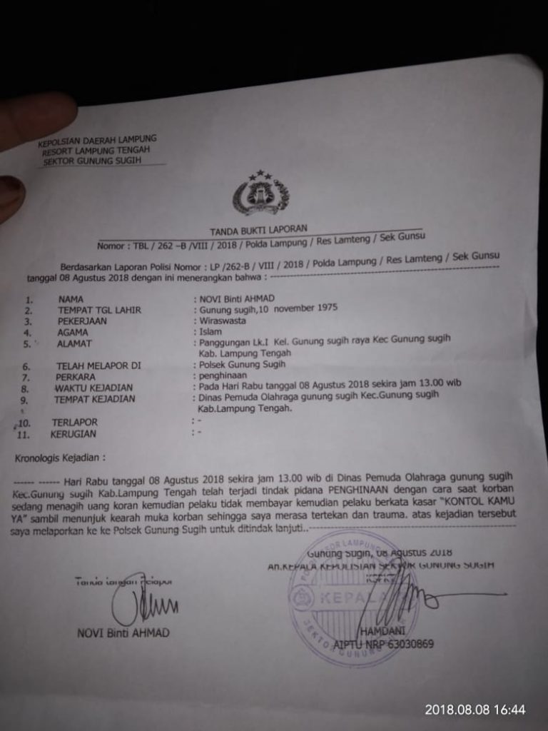 Hina Profesi Wartawan, Sekretaris Dispora Lampung Tengah Dilaporkan ke Polisi