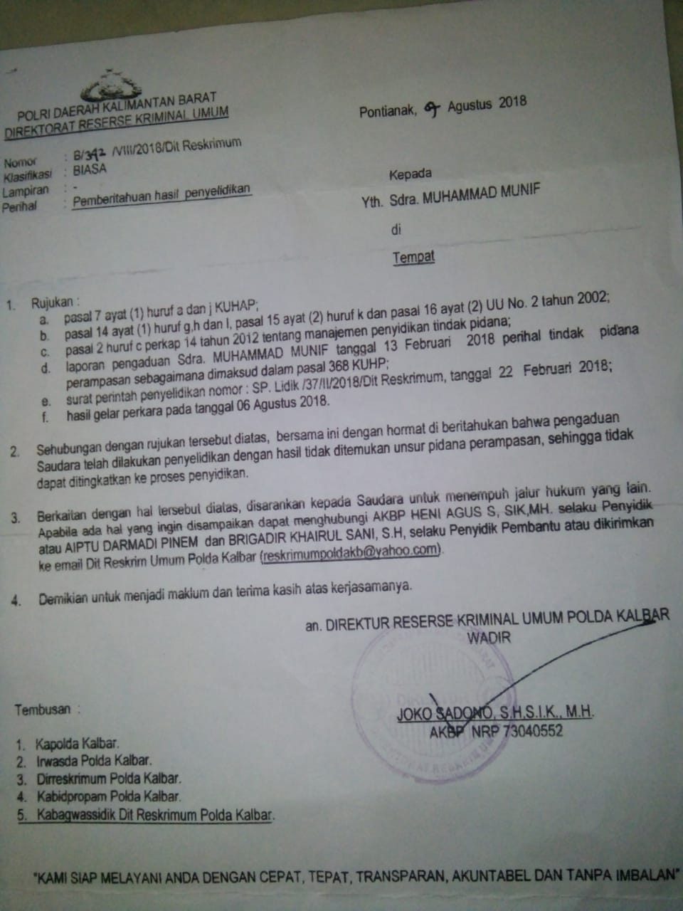 Mobil Munif Dirampas Depcolektor, Polda Kalbar Sebut Tidak Ada Pidana?