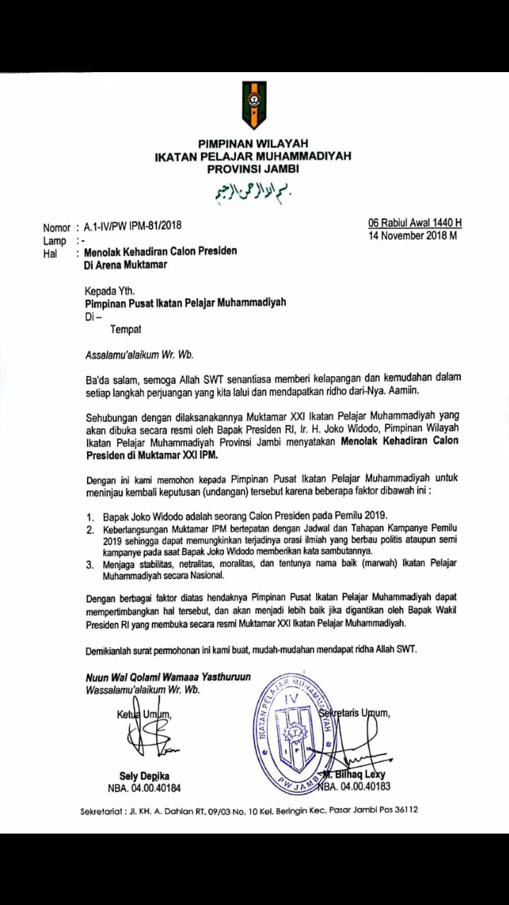 Kader Dan Ketua IPM Tolak Kedatangan Jokowi Di Acara Muktamar IPM