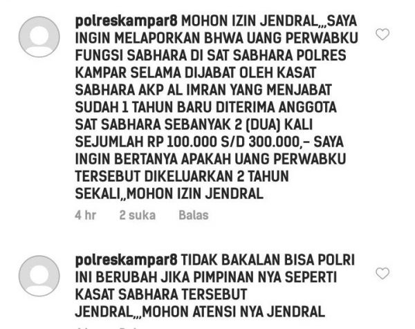 Viral di Riau, Akun PolresKampar8 “Laporkan” Kasat Shabra Polres Kampar Via Akun Instagram Kapolri