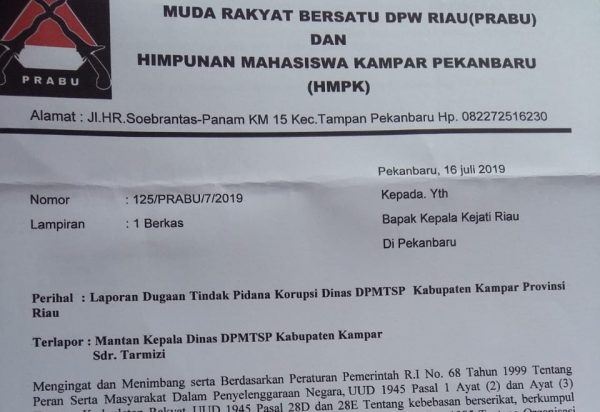 Prabu dan HMPK Laporkan Dugaan Korupsi Dinas DPMTSP Kampar