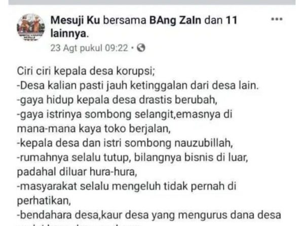 Ini Tulisan Status Akun Facebook Mesujiku Yang Membuat 105 Kades di Mesuji Meradang