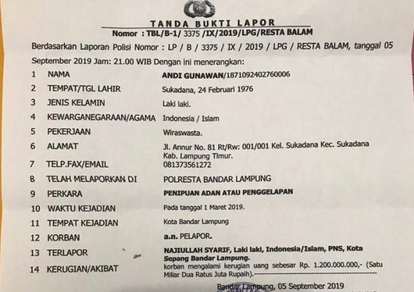 Diduga Gelapkan Setoran Proyek Rp1,2 Miliar, Mantan Kadis PUPR Lampung Timur Najiullah Syarif di Laporkan ke Polisi