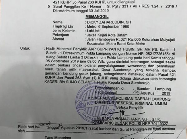 Kasus AJB Palsu Ganti Rugi BGJ “Misterius” Para Saksi dan Tersangka Abaikan Panggilan Polda Lampung