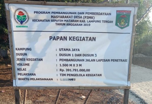 Aspal jalan Lapen Desa Utama Jaya Seputih Mataram Tumbuh Rumput, Diduga Anggaran Rp391,7 juta di Mar-up