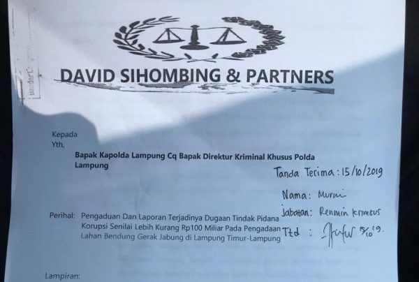 David Sihombing Laporkan Dugaan Tipikor Ganti Rugi Lahan Bendungan Gerak Jabung