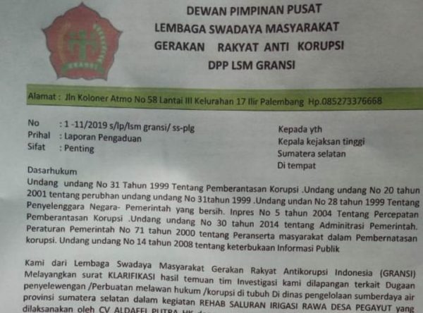 Dugaan Korupsi PU Pengelolaan Sumberdaya Air Sumatera Selatan Masuk Kejati