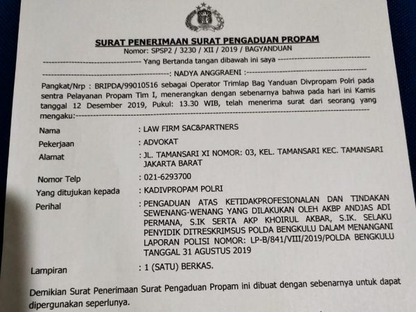 Dugaan “Gelapkan” TBS Sawit, Kasudit dan Kanit Tipiter Polda Bengkulu Dilaporkan Ke Kadivpropam Polri