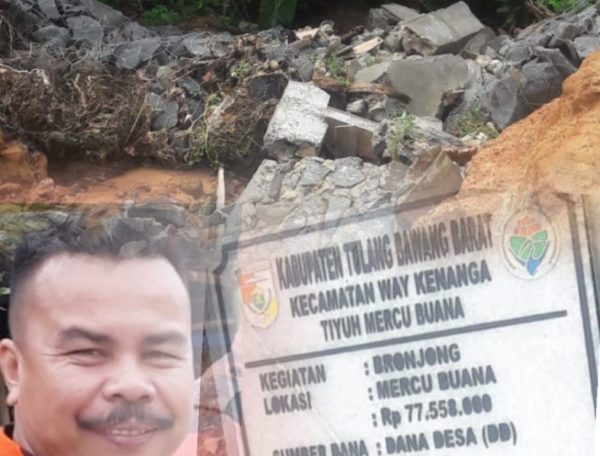 Diduga Kualitas “Buruk” Bronjongan Dana Desa Tiyuh Mercu Buana Porak Poranda Kena Hujan