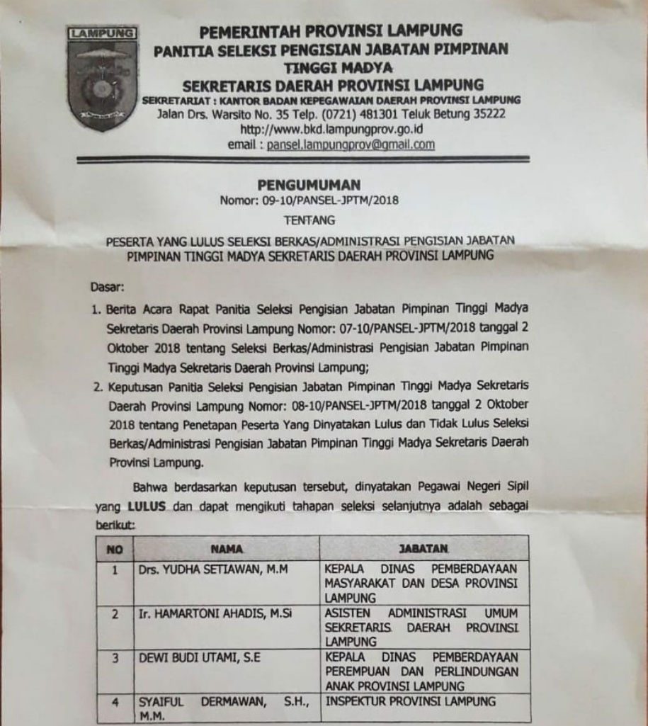 Yudha Setiawan, Hamartoni, Dewi Budi Utami, dan Syaiful Dermawan, Calon Sekdaprov Yang Dilolos Seleksi Timsel