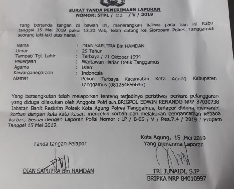 Oknum Banit Rekrim Polsek Kota Agung Cekik Dan Ancam Wartawan