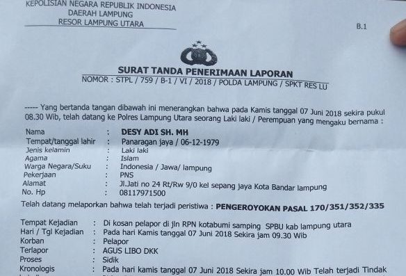 Mengaku Dikeroyok Kontraktor Plt BPKA Lampura Desyadi Lapor Polisi