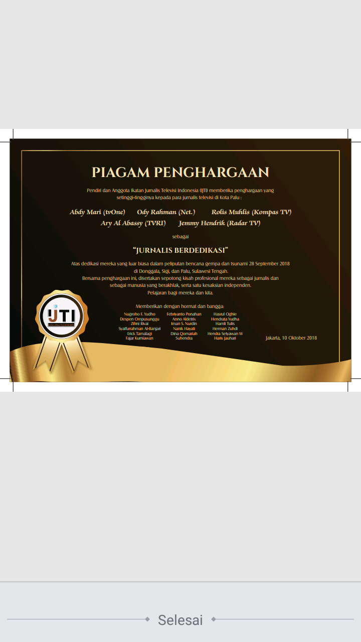 Penghargaan untuk Lima Jurnalis Heroik Peliput Gempa Palu