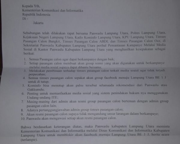 Khawatir Terjadi Konflik Horisontal, Panwaslu Lampura Surati Kementrian Kominfo RI