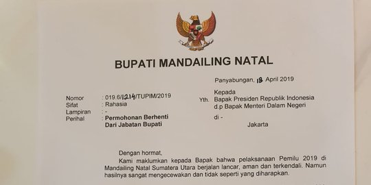 Kecewa Hasil Pemilu, Bupati Mandailing Natal Mengundurkan Diri?