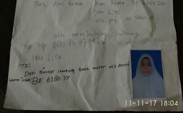 Noni Melia Sari, Pelajar SMP 5 Bandarlampung Menghilang
