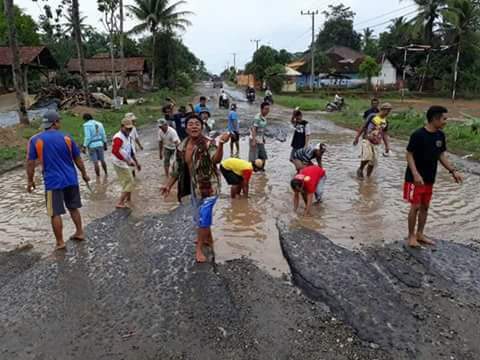 Protes Jalan Tak Diperbaiki, Warga Lamteng Tabur Ikan Lele di Jalan Provinsi