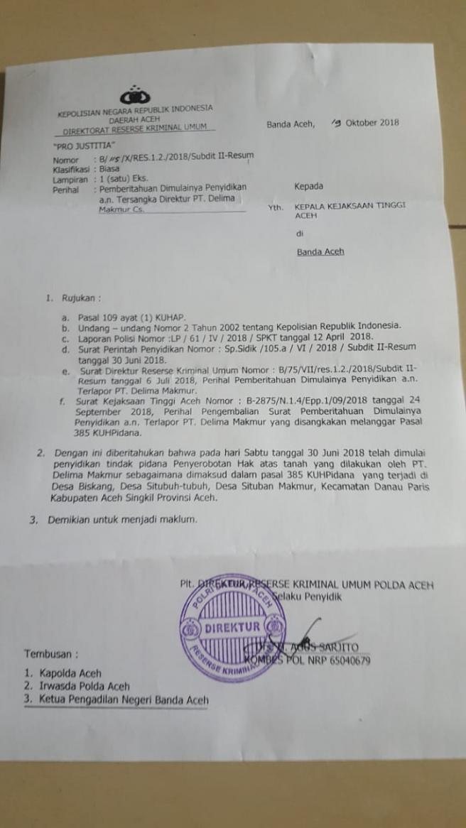 Rampas Tanah Masyarakat, Direktur PT. Delima Makmur Diperiksa Polda Aceh