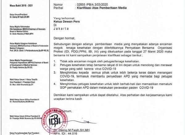 Klarifikasi IDI, Tidak Ada Ancaman Mogok Tangani Covid 19