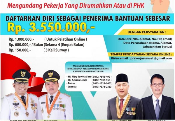 Pemkab Muba Siapkan bantuan Rp3,5 Juta Untuk Pekerja yang Dirumahkan dan PHK Dampak Covid-19
