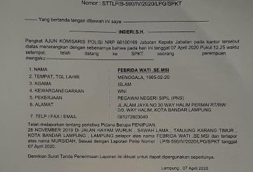 Febrida Wati Resmi Laporkan Wakil Ketua DPRD Tulang Bawang Mursidah Ke Polda Lampung