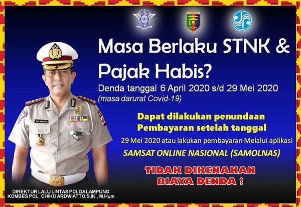 Peduli Darurat Corona, Direktorat Lalulintas Polda Lampung Hapus Denda Pajak Kendaraan