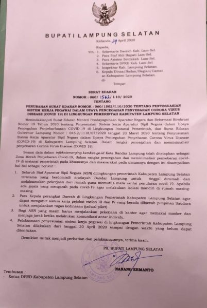 Plt Bupati Lamsel Terbitkan Edaran ASN Domisili di Bandar Lampung Tinggal dan Kerja Dari Rumah