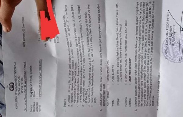 Reskrim Mesuji Panggil Saksi Kasus Dugaan Pelanggaran UU ITE Cemarkan Nama Media dan Hoax di FB