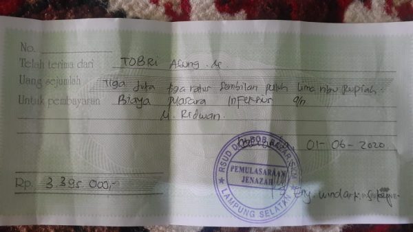 Sopir Cilegon Warga Canti Kecamatan Rajabasa Yang Wafat Status Reaktif Covid-19 Itu Juga Ditarik Bayaran Oleh RSUD Bob Bazar