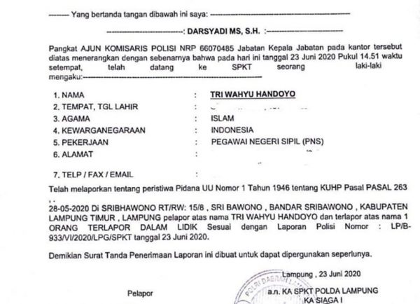 Terkait Berita Korupsi Bupati Lampung Timur di Serikatnews.com Kabag Umum Pemda Lamtim Tri Wahyu Handoyo Lapor ke Polda Lampung