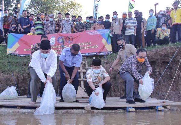 Arinal dan Adipati Tebar Benih Ikan Jelabat di Sungai Tiuh Negara Batin
