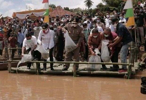 Restocking Ikan Khas Tulang Bawang Arinal dan Winarti Lepas 10 Ribu Bibit Ikan di Sungai Tulang Bawang