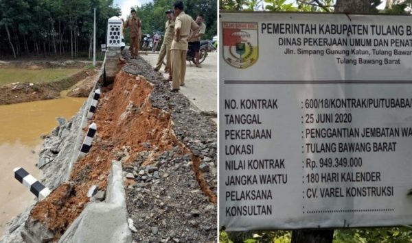 Baru Selesai Dibangun Proyek Jembatan Way Tritunggal PUPR Tubaba Rp949,3 Juta Ambrol