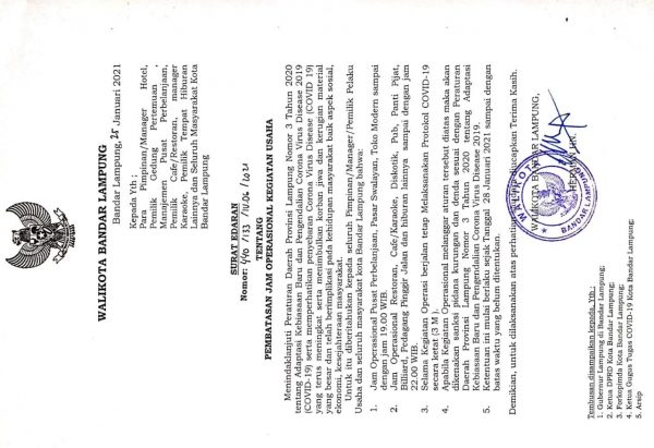 Larangan Walikota Mulai Tanggal 28 Januari 2021 Pasar dan Mall Harus Tutup Jam 17.00, Sementara Cafe Lokasi Hiburan dan Panti Pijak Hingga Pukul 22.00