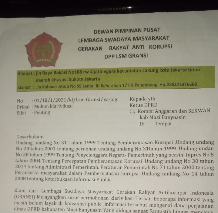 LSM Gransi Soroti Perjalanan Dinas DPRD Muba Rp60 Miliyar