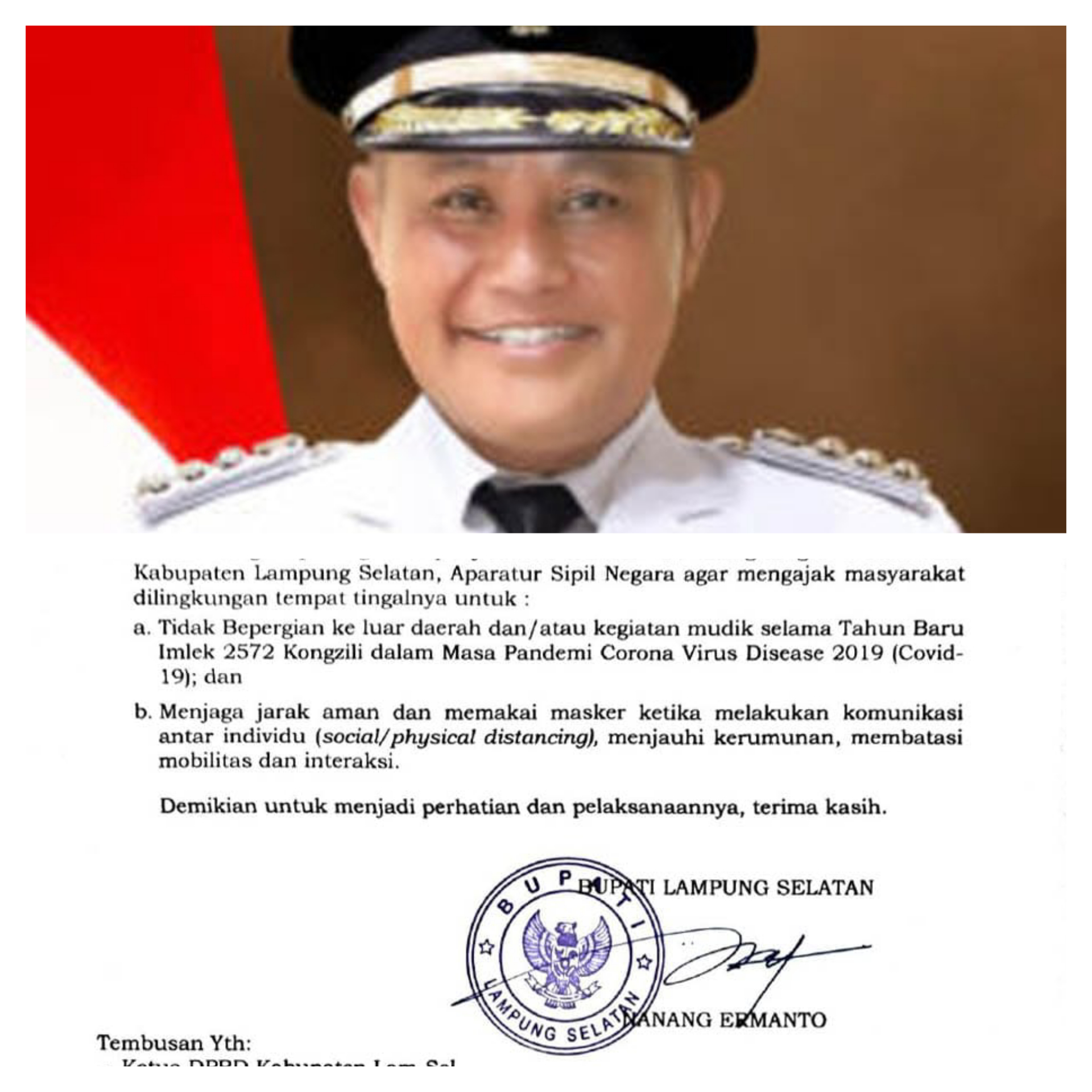 Bupati Lamsel Larang ASN dan Keluarga Pergi Ke luar Daerah Saat Libur Imlek