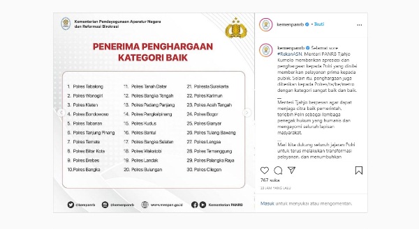 Polres Tuba Raih Penghargaan Ketegori Baik Dari Kemenpan RB