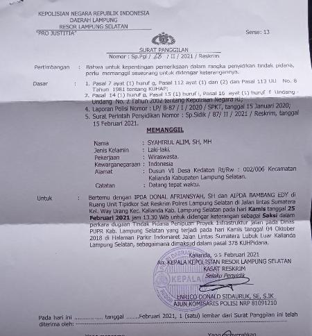 Dua Mantan Stafsus Bupati Lamsel Dipanggil Polisi Terkait Dugaan Penipuan Proyek