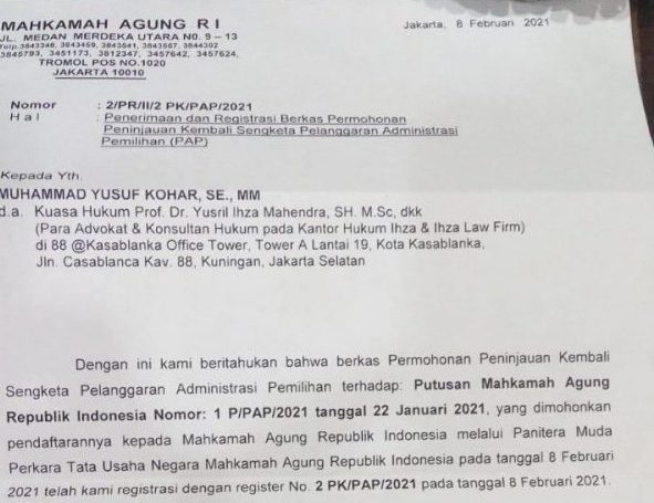 MA Registrasi Gugatan PK Yusril Tim Yutuber Minta KPU Tunda Penetapan Eva Dwiana-Deddy Amrullah