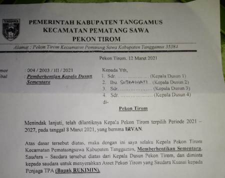 Baru Dilantik, Kepala Pekon Tiram Diduga “Mengangkangi” Surat Edaran Bupati Tanggamus