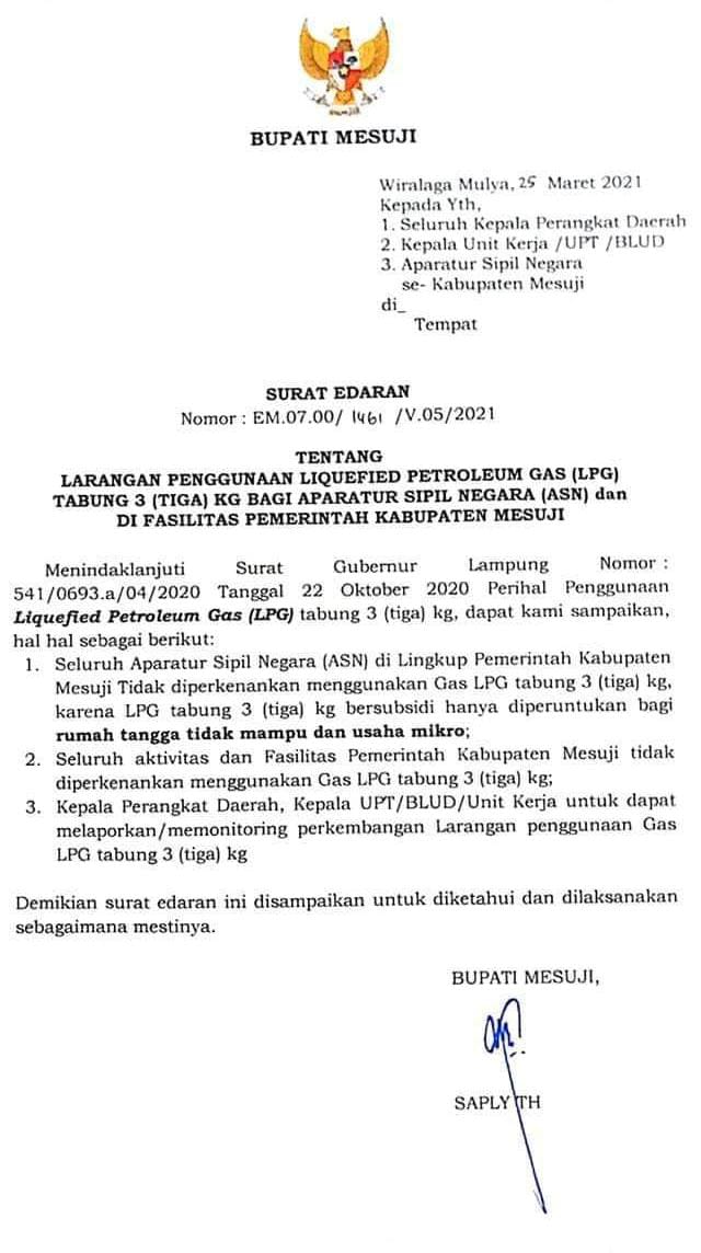 Bupati Mesuji Larang ASN Gunakan Gas Elpiji Subsidi