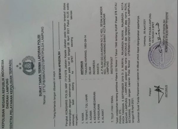 Mantan Kabid PUPR dan Orang Dekat Bupati Lampung Selatan di Laporkan Kasus Fee Proyek Rp1,25 Miliar