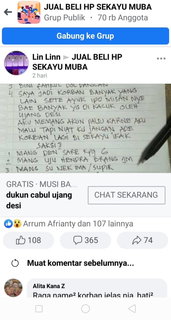 Viral, Akun FB Lin-lin dan Beberapa Perempuan di Sekayu Mengaku Korban Dukun Cabul