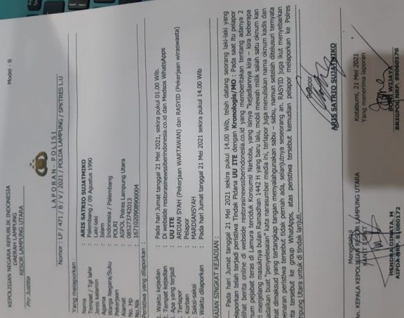 Pasal Berita Dikabarkan Dua Oknum Pejabat Teras Terciduk Konsumsi Sabu, Kasat Narkoba Lampung Utara Laporkan Wartawan?