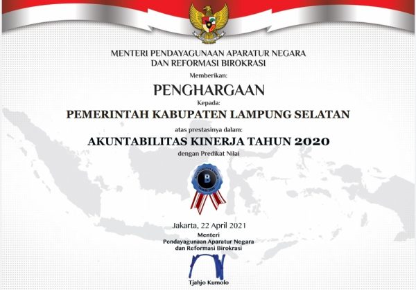 Penghargaan AKIP 2020, Pemkab Lamsel Pertahankan Predikat B